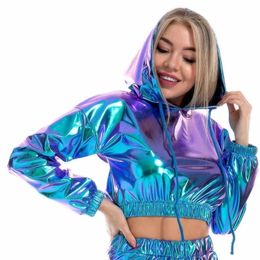 Sudaderas con capucha holográficas recortadas para mujer, sudadera con capucha metálica brillante de PU, sudadera corta de manga larga con jerseys con cordón, ropa de calle 240119