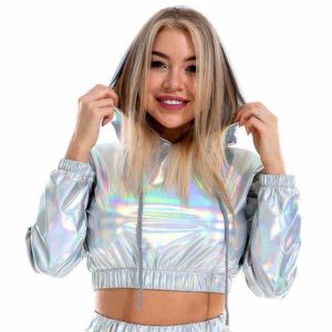 Sexy recortada sudaderas con capucha holográficas mujeres brillante pu metálico con capucha de manga larga sudadera corta con jerseys dstring streetwear x0721