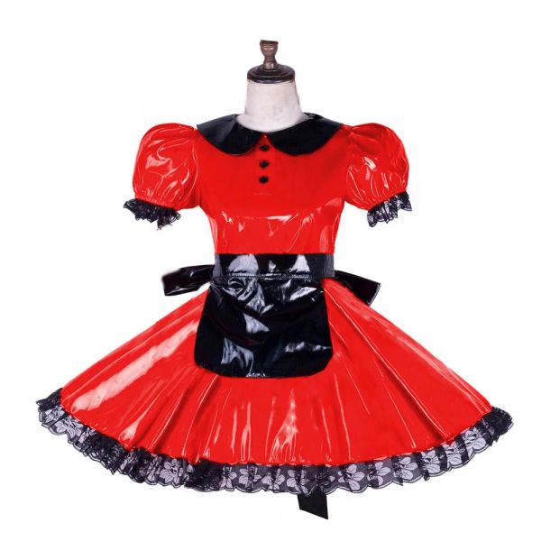 Robe Sissy verrouillable, Sexy, manches courtes bouffantes, Mini robe en dentelle noire PVC, à volants, avec tablier, Costume en Faux cuir