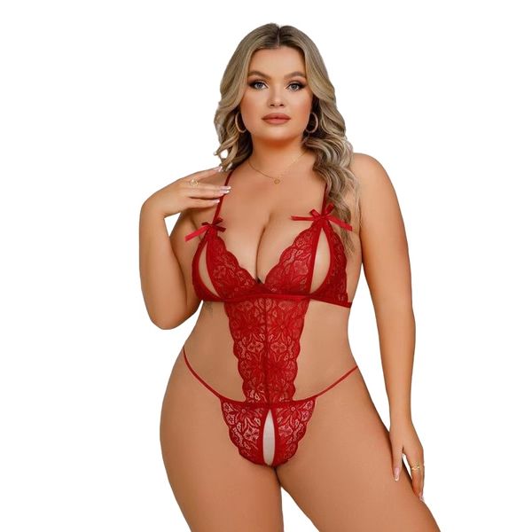 Ensemble de Lingerie Sexy sans entrejambe pour femmes, soutien-gorge creux en dentelle, Costumes érotiques, robe de poupée Teddy, soutien-gorge ouvert en V profond, sous-vêtements porno avec nœud