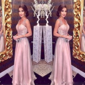 Sexy Crystal Kralen A Line Avondjurken Pailletten Kralen Elegante Blush Roze Lange Prom Jurken goedkope Party Gowns288y