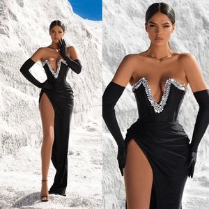 Robe de bal Sexy en cristal, sans bretelles, fendue sur le côté, avec des perles, col en V, sur mesure, à lacets