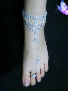 Sexy Crystal Dames Bruid Barefoot Sandal Voet Sieraden Anklet Ketting Strand Sandaal met Teen Ring Dame Party Anklet Wedding Bridal Accessoire