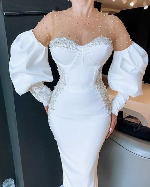 Cristaux sexy perles sirène robes de bal blanches 2022 chérie bouffée perle à manches longues corset formelle de soirée robe d'occasion spéciale