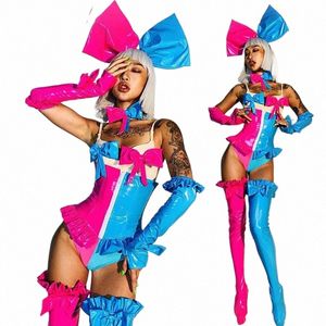 Costume de cosplay de danse sexy Bar Club Body Leggings Gants Headdr Outfit Dance Team Show Stage Wear p7Ov #