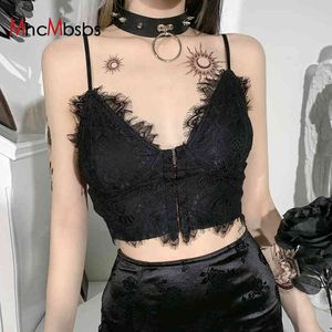 Sexy negro oscuro Spaghetti Strap Bustier Top mujer encaje Patchwork Trim Camis Vintage fuera del hombro espalda descubierta Crop verano 210517