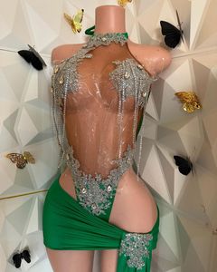Sexy donkergroene diamanten prom -jurken 2024 voor zwarte meisjes met trein hoge nek korte verjaardagsfeestje outfit cocktailjurken