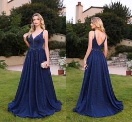 Robe de soirée dos nu sexy marine foncé une ligne col en V profond appliques perles longue fête occasion robes de bal robe de demoiselle d'honneur CPS3041