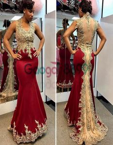 Sexy Dark Red Mermaid Prom Formal Dresses 2019 Gold Applique kralen Fishtail Sexy Afrikaanse gelegenheid Evening feestjurk2347336