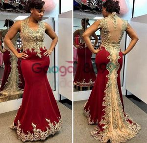 Sexy Dark Red Mermaid Prom Formal Dresses 2019 Goud Applique kralen Fishtail Sexy Afrikaanse gelegenheid Evening feestjurk7012843