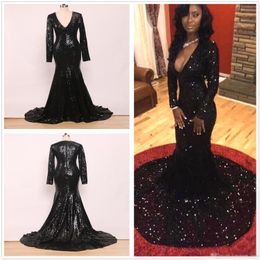 Sexy Deep Black V Neck Dresses Prom Manges Long Sanges Spelly Sequins Sweet Train Formal Ocn Wear Party Gowns