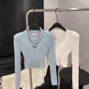 Pull tricoté Sexy en V profond pour femmes, tricot à la taille, boucle dorée, manches longues, hauts tricotés