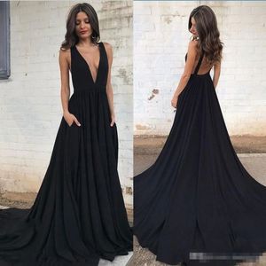 Sexy diepe v-hals zwarte prom dresses met zakken backless a line jurk avondkleding sweep trein goedkope formele feestjurk