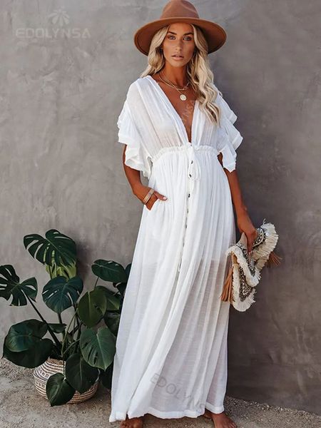 Sexy Deep V-colb Butterfly Sleeve Self-belted High Taist Button Front Open Summer Femmes Blancs de plage Robes maxi Q1208 240424