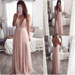 Sexy Deep V nek avondjurk zomer backless roze elegante kanten avond maxi jurk vakantie lange feestjurken dames