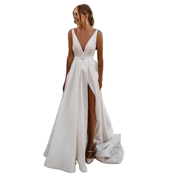 Sexy col en V profond jardin robe de mariée en Satin doux dos nu sans manches haute fendue ceinture robe de mariée robe de mariée grande taille