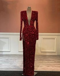 Robe De soirée De Mariage pour filles, Sexy, décolleté en V profond, fente haute, manches longues, bordeaux, paillettes, africaines, noires, 2023