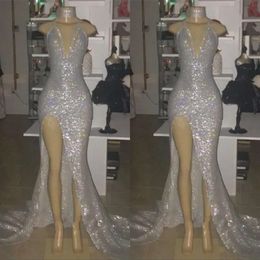 Sexy Deep V Neck High Split Prom Dresses Sier Mermaid Paillins Afrikaanse jurken Vestidos Vrouwen Arabische avondfeestjurk Estidos Estidos