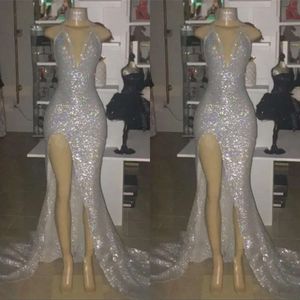 Sexy Deep V Neck High Split Prom Dresses Sier Mermaid Paillins Afrikaanse jurken Vestidos Vrouwen Arabische avondfeestjurk Estidos Estidos
