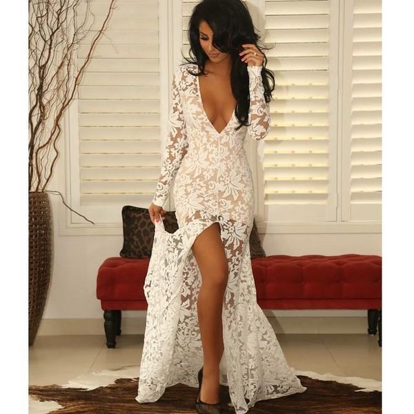 Sexy col en V profond dentelle sirène robes de soirée avant fendu à manches longues trompette Pageant robe de bal doublure nue voir à travers des vêtements d'occasion spéciale