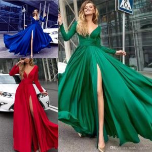 Sexy diepe v-hals lange mouwen prom jurken 2018 dij-hoge spleten avondjurken speciale gelegenheid jurken formele avondjurken