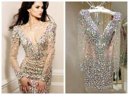 Sexy cuello en V profundo lujo Bling Rhinestone vestidos de cóctel cortos vestidos de fiesta vestido de fiesta corto de manga larga para mujeres Imagen Real 7711620