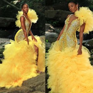 Sexy Diepe V-hals Zeemeermin Prom Dresses 2024 Elegante Ruches Tiered Formele Ocn Jurk Aso Ebi Avondjurken