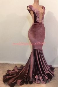 Sexy Deep V-Neck Mermaid Prom Dresses Beads 2019 Velvet African Applique Pageant Robe De Soiree Vestidos de noche Celebrity Ocasión especial