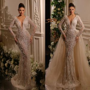 Vestido de novia de sirena con escote en V profundo sexy Perlas de manga larga Abalorios árabes Lentejuelas Trompeta Vestidos de novia Robe De Soiree