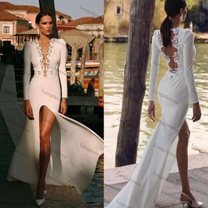 Sexy Diepe V-hals Zeemeermin Trouwjurken Nieuwe High Fork Fit Slim Lace Bruidsjurk Borstel Trein Vestidos De Novia Grootte Aangepast D-H23242