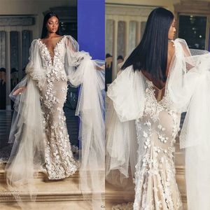 Sexy Deep V Neck Mermaid Wedding Jurken Bloem Applique Bridal Troogs Custom Made Plus Size Illusion Full Sleeve Formal Dress