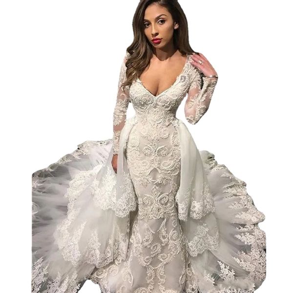 Vestidos de novia de sirena con escote en V profundo sexy con tren desmontable Vestido de novia con apliques de encaje vintage de talla grande Tren de la catedral