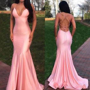 Sexy diepe v-hals roze zeemeermin avondjurken lange backless satijnen avondjurk formele prom jurk feestjurk