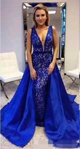 Sexy Deep V-hals Royal Blue Prom Jurken Kant Satijn Overskirt 2019 Custom Made Plus Size Lange Avond Feestjurken Sweep Trein