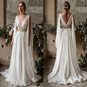 Sexy col en V profond voir à travers la taille robe de mariée Applique perlée fluide châle en mousseline de soie froncé robes de mariée robes de mariée221m