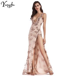 Sexy Deep V Neck Sequin Summer Robe Femme Soirée Backless Luxury Night Club Party Robes Elegant Sling Long Maxi Robe 220509