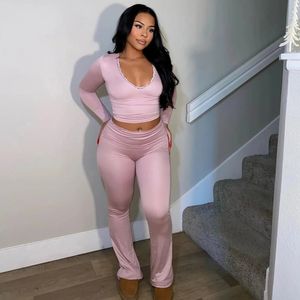 Sexy Deep Vneck Lace Women Two -Piece Sets Pink T -shirt Hoge taille Pant met lange mouwen vrouwelijk Skinny Casual 2024 240407