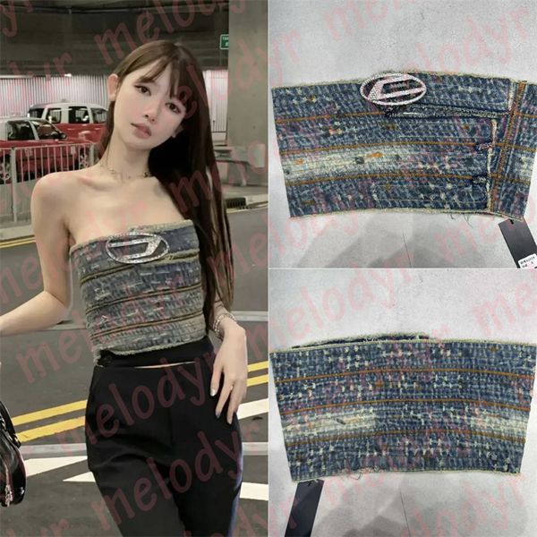 Sexy Denim Bandeau Tops Strass Lettre Crop Top Mode Été Sans Bretelles Gilet Discothèque Porter