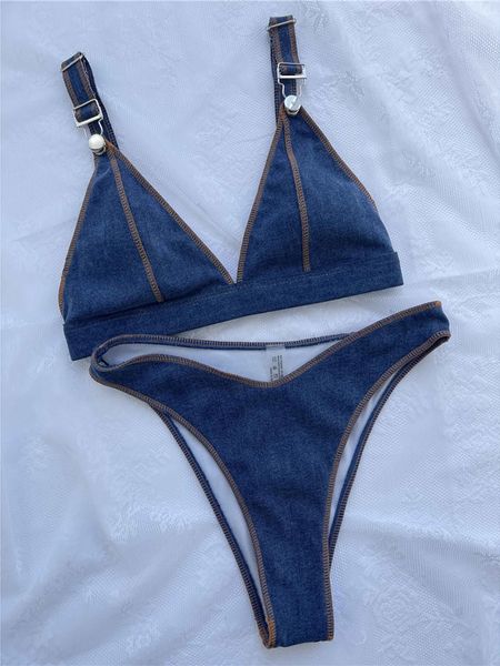 Sexy Denim bleu brésilien coupe haute Bikini femme maillot de bain femmes maillots de bain deux pièces Bikini ensemble baigneur maillot de bain bain K4498 240113