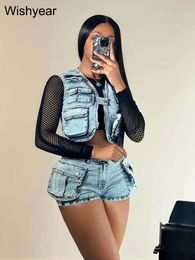 Sexy Denim Cargo Multi Pockets Zipper Sleeveless Veste Vestes Crop Tops and Shorts Femmes Femmes Set Street Stretch Jeans Suite 240425