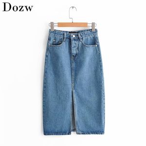 Sexy Denim Rokken voor Dames Mode Split Mid Calf Lengte Vintage Pocket Blue Saia Dames Hoge Taille Midi Rok 210515