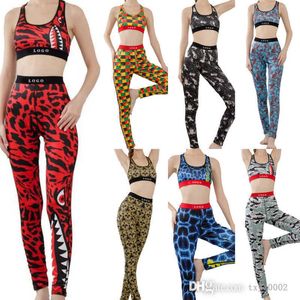 Diseñador Yoga Bra Sets Mujer Chándales Dos piezas Pantalones Conjunto Sexy Crop Top Chaleco Bikini Patchwork Shark Camo Impreso Traje de baño