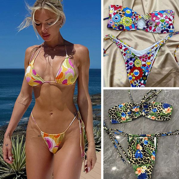 Sexy Designer Femmes Deux pièces Bikini Set Lady Hot Swimwear Girl Casual Lace Up Floral Print Swimsuit Classic Classic Push Up Swim Wear Fssle Fssue Thongs Top Bra