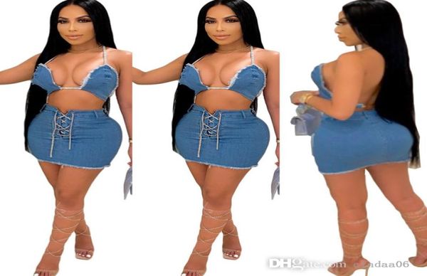 Sexy Designer Femmes Deux Pièces Robe Haute Élastique Denim Denim Bretelles Et Jupe À Lacets Reliure Ensemble Robes Pour La Fête De Mariage6564382