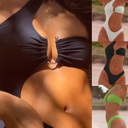 Sexy designer jeugdmeisjes bikini set vrouwelijk één stuk badkleding mode metaal accessoires zwempak klassiek