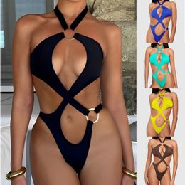 Sexy designer jeugdmeisjes bikini set vrouwelijk één stuk badkleding mode metaal accessoires zwempak monokini strand zwemkleding badpak string top bodysuit biquini