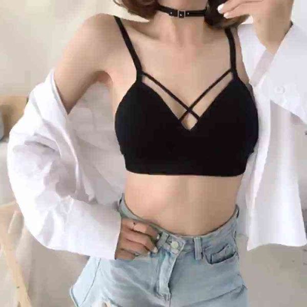 Sexy Desmontable Pecho Pad Tube Top Pure Cotton Triangle Cup Girls Push Up Front Cross Sujetador inalámbrico Beauty Back Ropa interior L220726