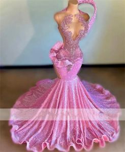 Sexy diamanten lange roze galajurken voor zwarte meisjes sprankelende kralen kristallen strass luxe verjaardagsjurken Robe De Bal