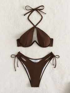 Sexy cordon de drawage Bandage Bikini Set 2024 Femmes de maillot de bain Deux pièces de maillot de bain Cross Halter Push Up Bikinis Beach Wear Suite de bain
