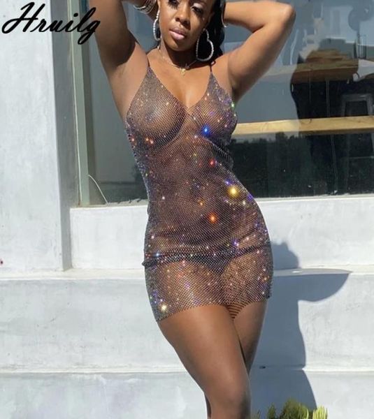 Robe sexy pour la maille sexuelle Voir à travers des spaghetti Strap Party Robe Femme Sparkle Elegant Mini Robe d'été pour les femmes Night Club Y0119388107